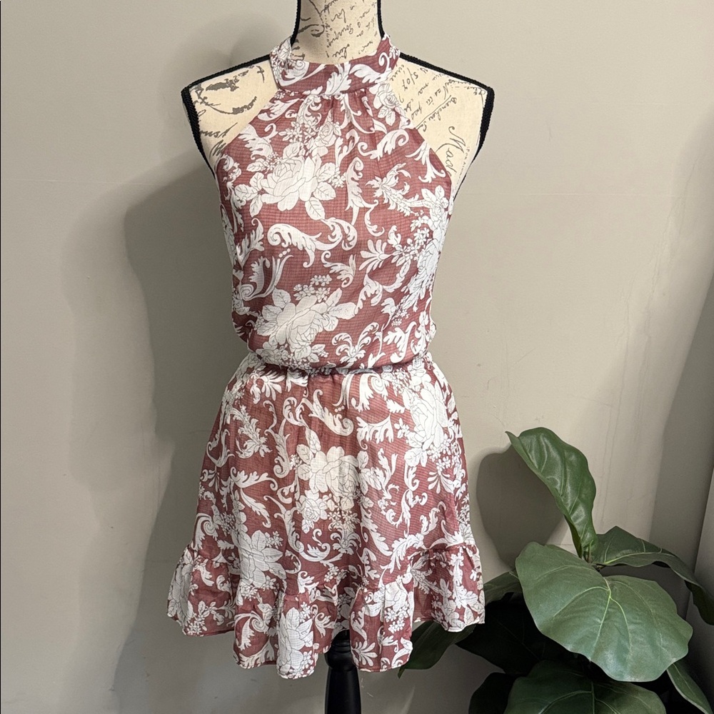 Selfie Leslie Halter Mini Dress Floral Open Back Tie Waist Ruffle Hem Small
